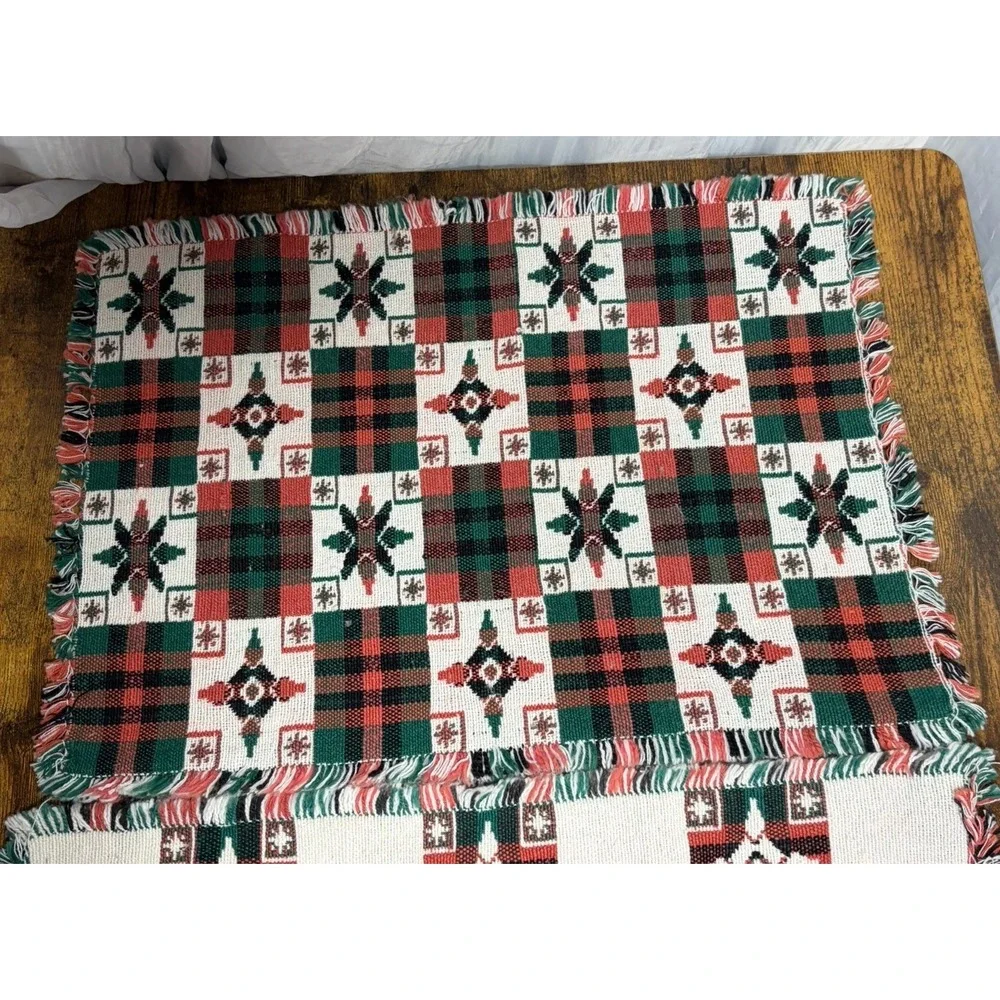 VTG Woven Christmas Placemats Set 6 Red Plaid Snowflake Cottagecore Fringe‎ Red